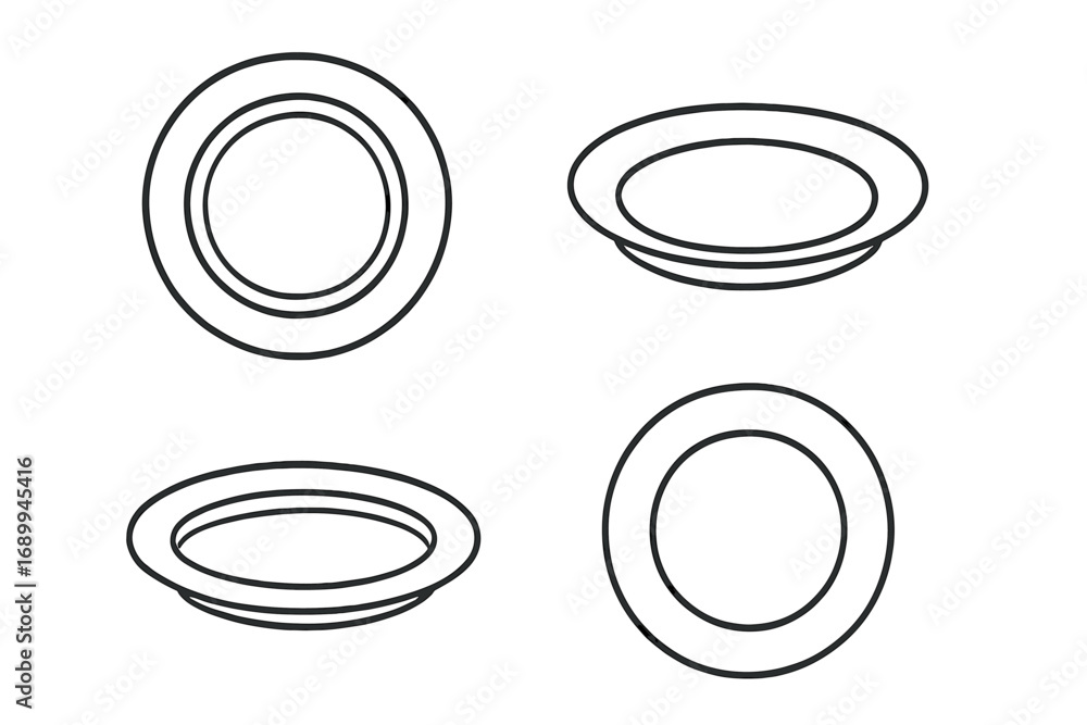 Poster plate icon set in a thin line art style. collection of empty dishes from top and perspective views. 
