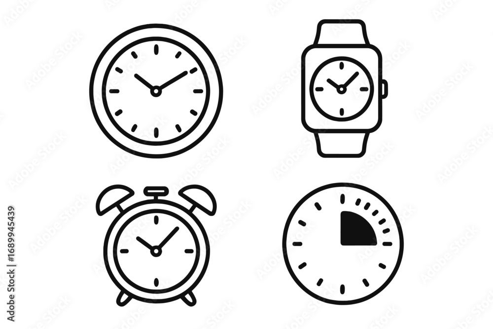 Poster set of clock, smartwatch, alarm clock, timer line icons. outline vector symbols for time management,