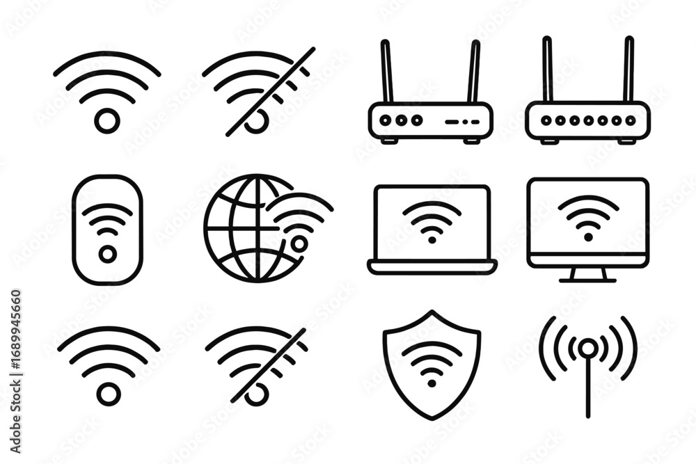 Poster wi-fi and router line icon set. wireless internet connection, network technology, and data transfer 