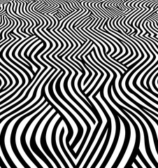 Black and white wavy striped pattern creating an optical illusion of flowing movement and depth