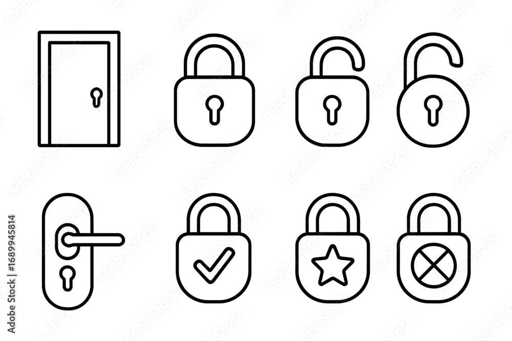 Poster security lock line icon set with door, padlock, keyhole outline symbols for web and app design, adve