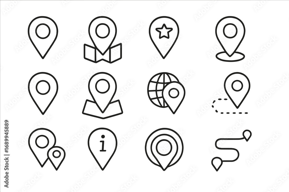 Poster map pin bundle set vector illustration. outline location marker line icons collection for web design
