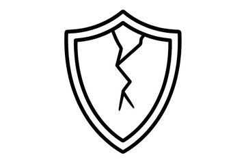 Cracked shield outline icon. Concept of vulnerability, risk, danger. Metaphor for failed security, data breach, cyber attack. Broken defense. Unsafe, unprotected symbol.