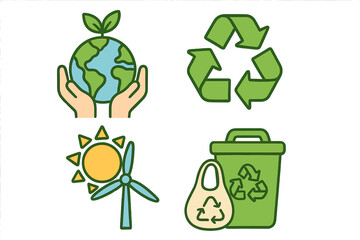 Eco-friendly icon set. Sustainability, recycling, and renewable energy concepts. Green ecology symbols for zero waste, conservation, and Earth Day. Vector illustration collection.