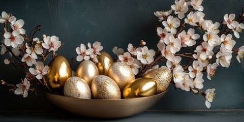 Obraz premium Arrangement of golden and speckled eggs in a bowl surrounded by delicate white cherry blossoms against a dark textured background