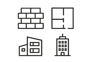 Modern architecture construction outline icon set with brick wall, home floor plan, house, and apartment building. Vector minimal black design for web, social media, branding, advertising, and print.
