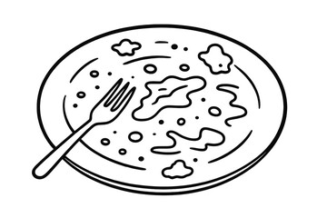 Dirty plate with leftovers and fork outline vector. Unwashed dish after eating concept. Food waste, empty plate icon. Finished meal cartoon illustration for graphic design.