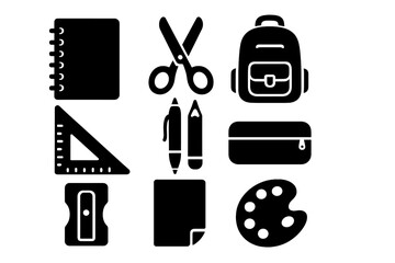 School supplies silhouette icon set. Vector collection for education and back to school themes. Stationery and art equipment glyphs like backpack, scissors, and notebook.