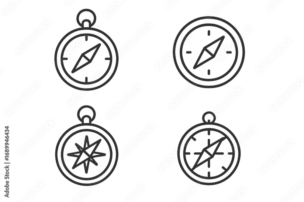 Poster compass icon set for navigation and direction. vector line art symbols for travel, exploration, and 