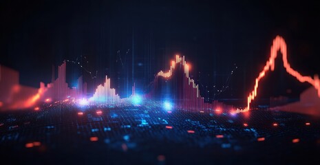 Futuristic digital landscape with glowing 3D bar graphs and wave lines representing data analysis and technology innovation in a dark environment