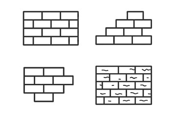Brick wall line icon set. Simple brickwork outline vector illustration collection. Masonry and construction graphic symbol. Building block pattern. Architecture texture element.