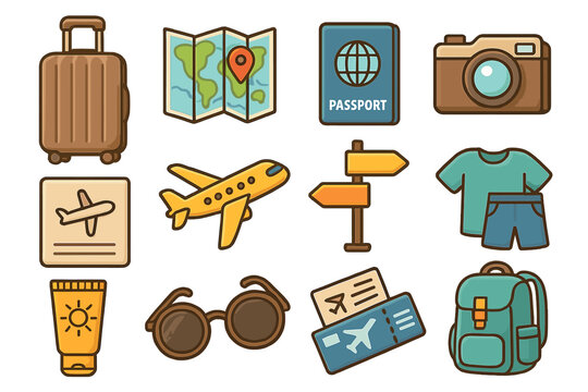 Essential travel icon set for easy planning and packing. Vector cartoon illustration of holiday items like luggage, map, passport, camera, ticket, and airplane. Vacation journey.
