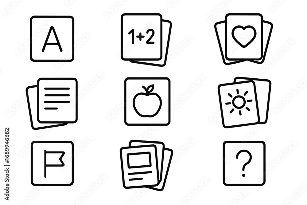 Poster flash card line icon set for education and learning. outline symbols for alphabet, math, reading. ve
