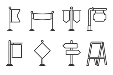 Signpost and banner line icon collection. Flag, advertising stand, street sign, and signboard symbols. Vector direction guidepost, billboard, and pennant for web and apps.