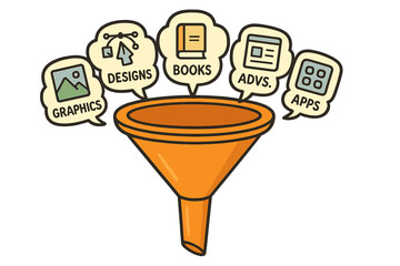 Funnel Icon Concept with Graphics, Designs, Books, Advertisements, and Apps - Vector Cartoon Illustration with Transparent Background for Digital Marketing and Content Filtering