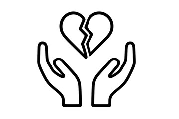 Obraz premium Broken heart in hands icon. Metaphor for divorce, relationship crisis or pain. Concept of support, help, compassion and healing. Psychology, mental health symbol. Vector logo.