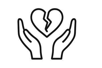Obraz premium Hands holding broken heart line icon. Metaphor for heartbreak, divorce, relationship problem. Concept of sadness, loneliness, grief. Mental health and psychology symbol.