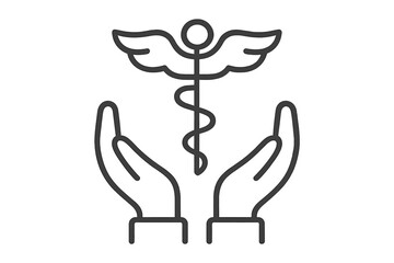 Caduceus medical symbol in hands. Health care and medicine concept. Linear icon for medical services, insurance, and doctor. Vector illustration for web, app design. Symbol of care.