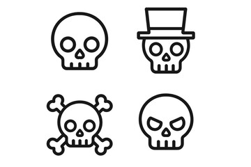 Modern Cartoon Skull Icons Collection. Outline Style Skeleton Heads for Graphic Design, Cards, Apps, Social Media. Trendy Transparent Background Vector. Decorative Tattoo Ordered Set