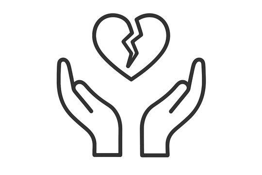 Broken heart in hands line icon. Metaphor for heartbreak, divorce, breakup, sadness. Concept relationship problem, depression, grief, loss. Vector symbol for mental health.