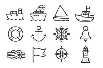 Nautical line icon set. Sea and ocean travel symbols. Vector collection of ship, boat, anchor, lighthouse, helm, and compass icons for web design, apps, and infographics.
