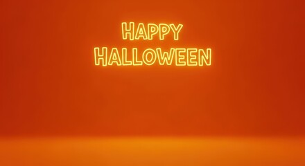 Fototapeta premium Happy Halloween neon sign glowing brightly against an orange studio backdrop for seasonal greetings