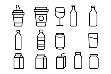 Beverage and packaging line icon set. Simple outline collection. Coffee cup, wine glass, bottle, can, juice box, carton. Minimalist vector for menu, cafe, bar, ui, app.