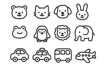 Animal vehicle outline icon set. Cute doodle line collection. Vector cartoon illustration for kids. Includes cat, dog, bear, elephant, frog, lion, car, taxi, bus, airplane.