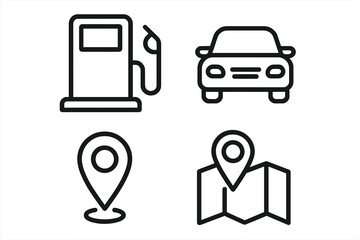 Car travel and navigation icon set. Gas pump, automobile, and location pin symbols. GPS route and destination concept. Vector thin line art pictogram collection for website and apps.