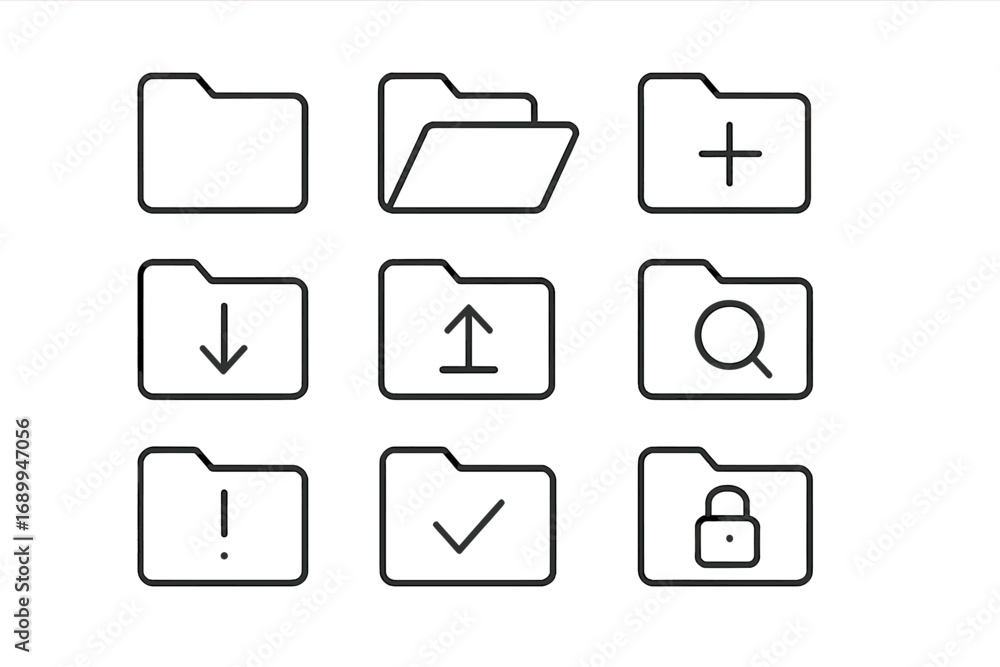 Poster folder line icon set. file document management signs. ui ux kit for web and mobile apps. add, downlo
