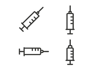 Syringe icon set. Medical injection linear symbol. Vaccine, drug dose concept. Healthcare, medicine, immunization pictogram. Vector illustration for clinic, hospital design.