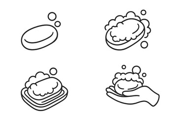 Soap bar line icon set. Vector symbols of hygiene, cleaning, hand washing. Personal care concept. Lather, foam, bubbles illustration. Cleanliness, body care, bathroom icons.