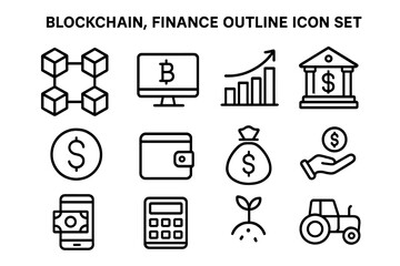 Blockchain finance and crypto technology outline icon set. Banking, digital money, investment growth, mobile payment, and modern agriculture concepts. Vector linear icons.