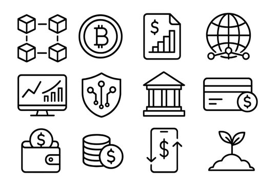 Blockchain and fintech outline icon set. Cryptocurrency, finance, banking concepts. Digital money, investment growth, cyber security, and global business technology icons.