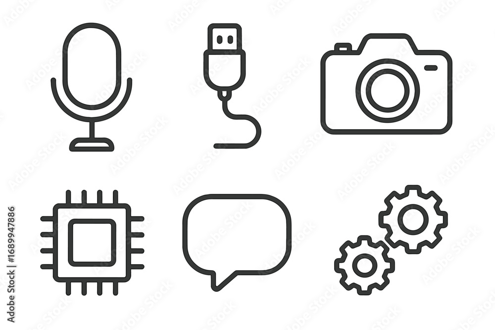 Poster technology and media thin line icon set. microphone, camera, usb cable, processor chip, chat bubble,