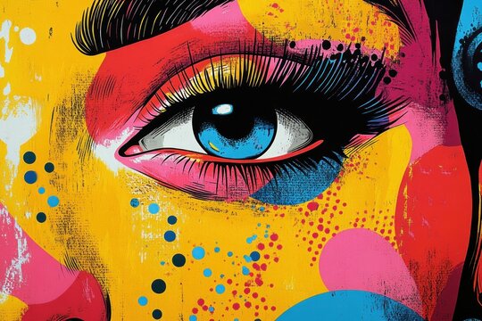 Close-up of a stylized human eye with vibrant colors including blue, yellow, pink, red, and black in a bold pop art style with textured paint splatters