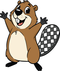 Cartoon beaver, standing upright, raised arms, smiling animal, vector character, brown fur, checkered tail, cute mascot, playful pose, education