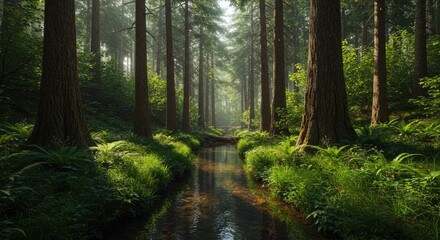 Fototapeta premium Serene Forest Stream with Sunlight Filtering Through Tall Trees