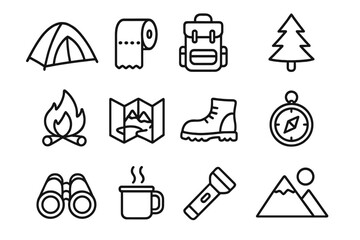 Camping and hiking outline icon set. Outdoor adventure equipment symbols. Vector line icons for nature exploration, trekking, travel, and tourism. Isolated graphic element collection.