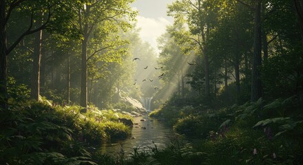 Obraz premium Serene Forest Stream with Waterfall and Birds