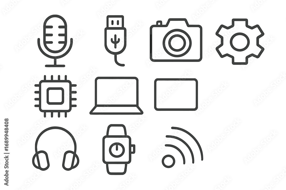 Poster technology line icon set. web and mobile line icons. editable stroke. digital media and electronic d