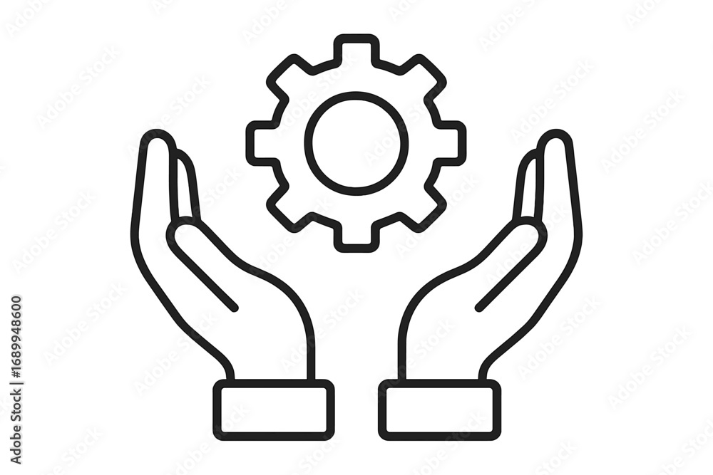 Poster hands with gear line icon. technical support service concept. mechanical engineering and technology 