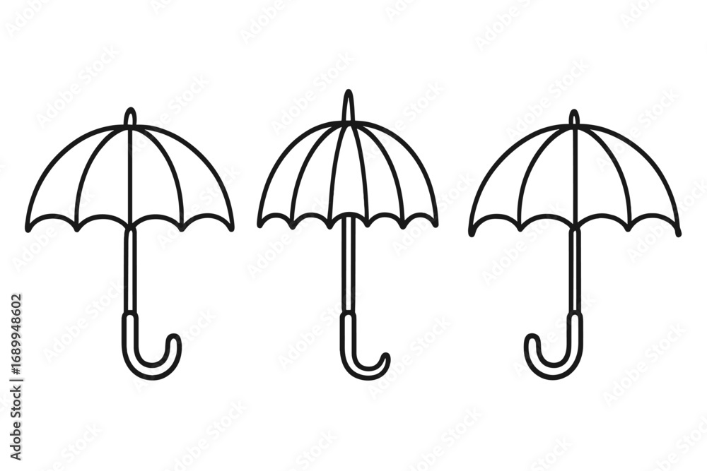 Poster set of three umbrellas line art icons. simple parasol vector illustration with editable stroke. conc