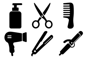 Obraz premium Hair styling tools icon set. Hairdresser and barber shop equipment silhouette collection. Vector graphic with scissors, comb, hairdryer, straightener, shampoo, curling iron.