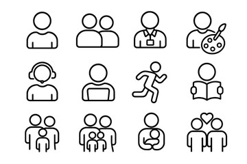 User Related Outline Symbol Set, Staff, People, Work, Hobbies, Family Icons for Graphic Design, Web, Cards, Books, Articles, Vector Cartoon, Simple Line Art Symbols Collection