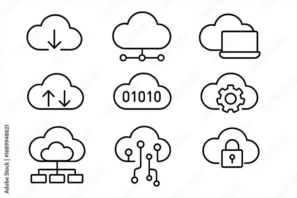 Fototapete cloud computing icon set. vector line icons for data transfer, network security, server hosting, onl