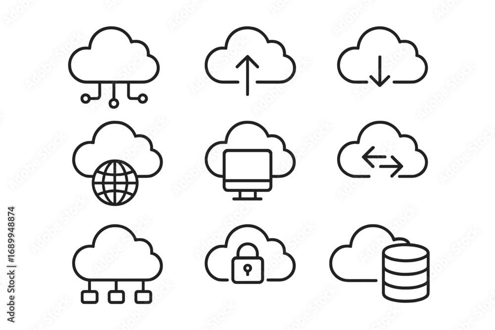 Poster cloud computing outline icon set. vector line icons for network technology, data storage, server, we