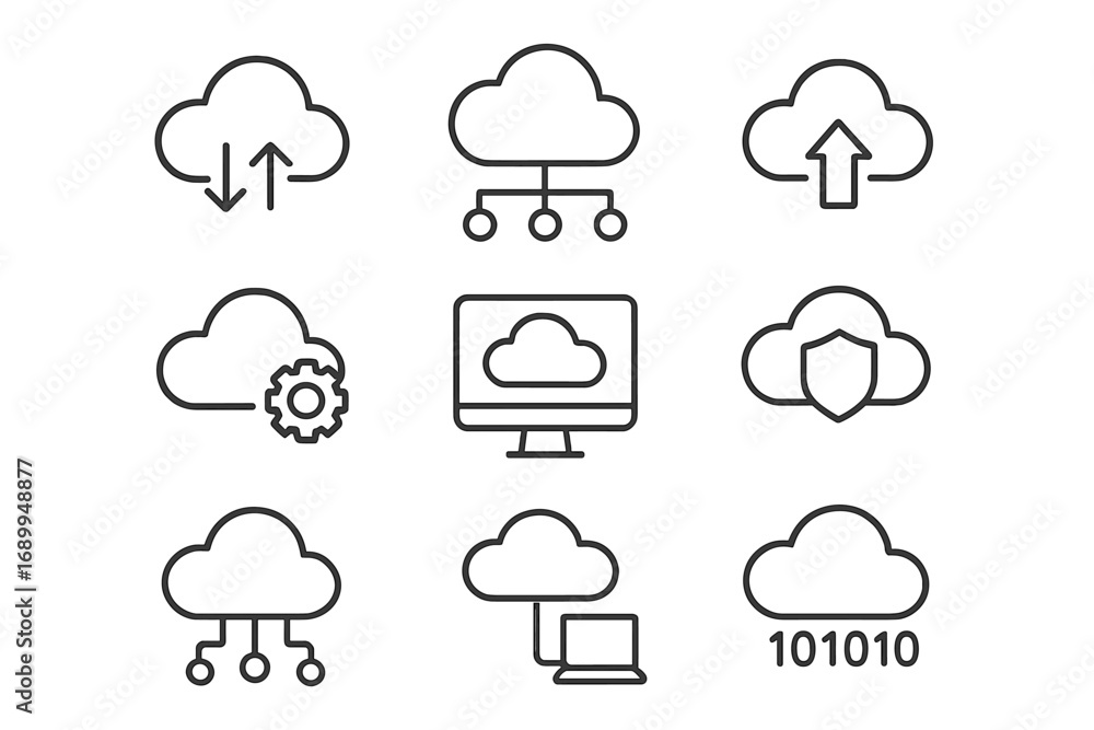 Poster cloud computing outline icon set. network technology vector collection. data storage, server, securi