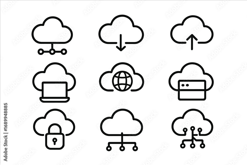 Poster cloud computing outline icon set. network and technology symbols for data storage, server hosting, a