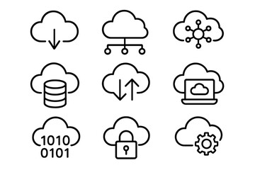 Cloud computing line icon set. Vector symbols for data, network, and technology. Icons for server, storage, database, security, upload, download, and big data. Outline style.